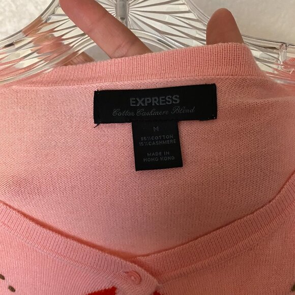 🦋 VINTAGE EXPRESS Pink Preppy Cardigan Size Medium Argyle Y2K Preppy Plaid - Picture 5 of 5